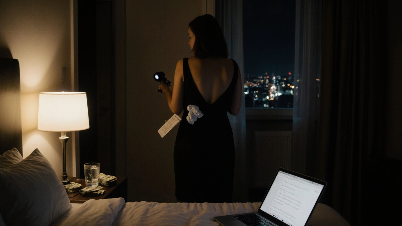 A woman stands in a hotel room doorway at night, holding a flashlight and cash, her back to the camera, the room empty and impersonal.