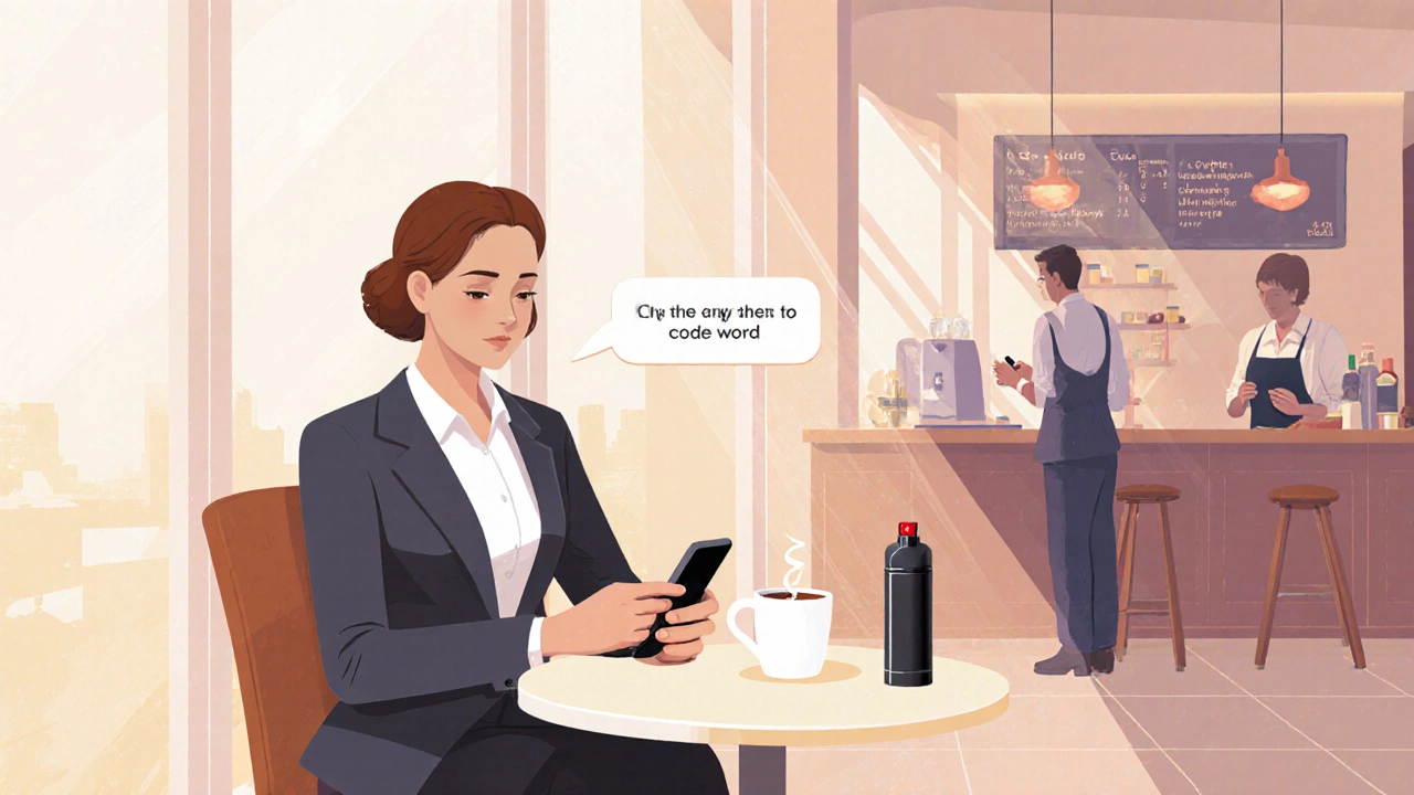 Cafe scene where a worker prepares a personal alarm and pepper spray while texting.