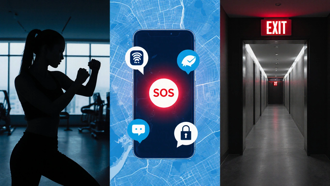 Collage of self‑defense training, phone SOS, and illuminated exit sign.