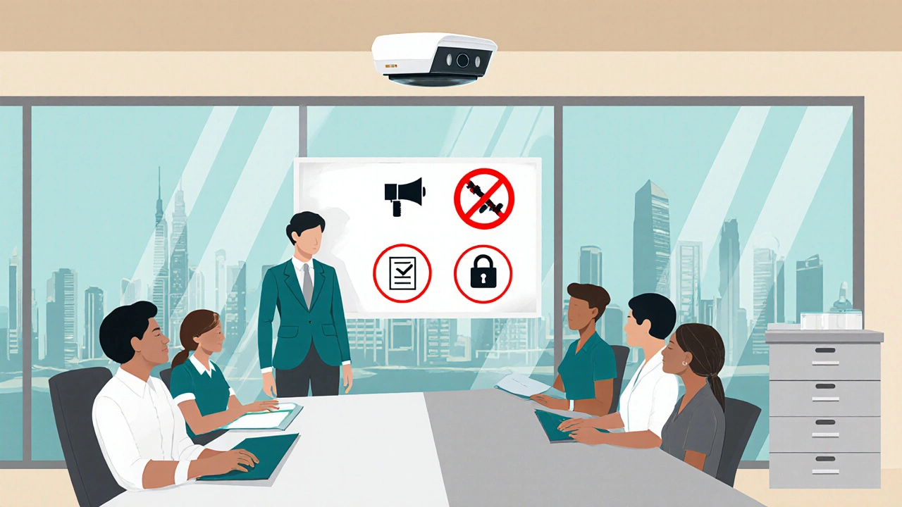 Compliance training in a Dubai office as a manager points to icon-only guidance while staff listen in bright daylight.