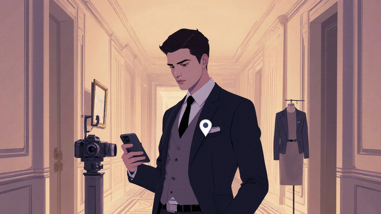 Confident escort holding phone with safety devices in upscale hotel corridor.