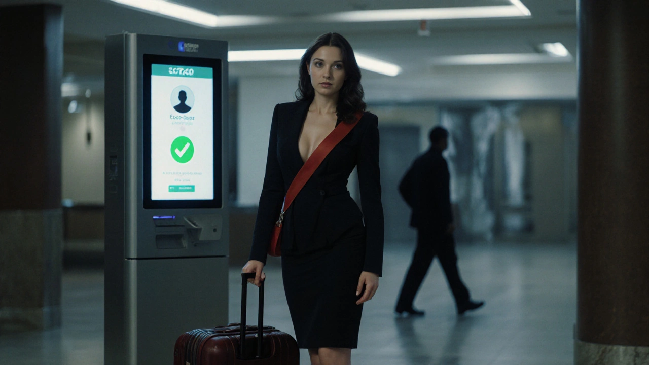 Escort confidently leaving hotel lobby as unwanted client turns away