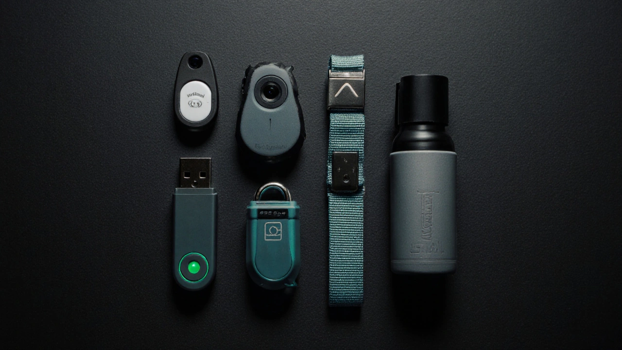 Flat‑lay of a panic button, GPS tracker, body camera, pepper spray, and door lock.