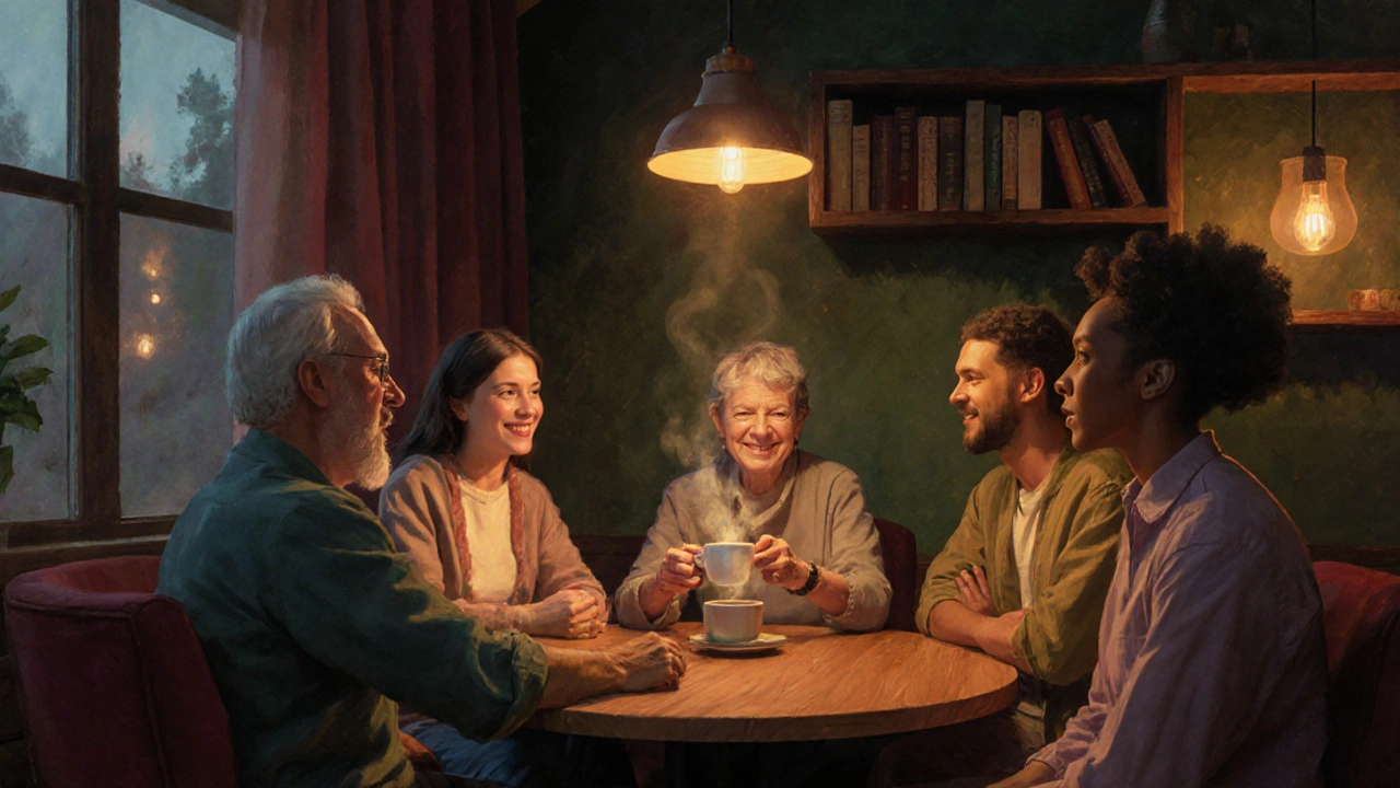 Group of diverse friends sharing coffee in a cozy shop.