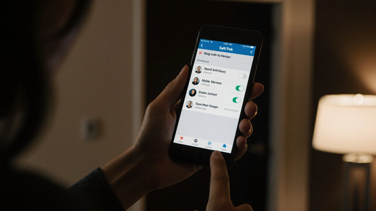Hand triggering silent safety alarm on phone with location shared to contacts