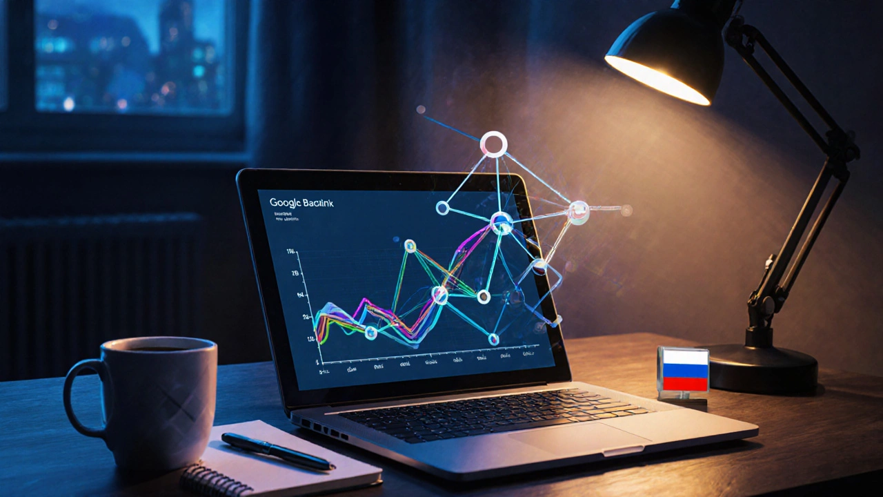 Home office with laptop showing graphs and abstract backlink network, warm lighting.