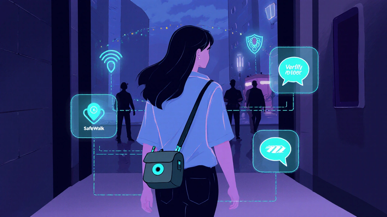 Illustration of a woman walking with floating safety app icons and protective glow.
