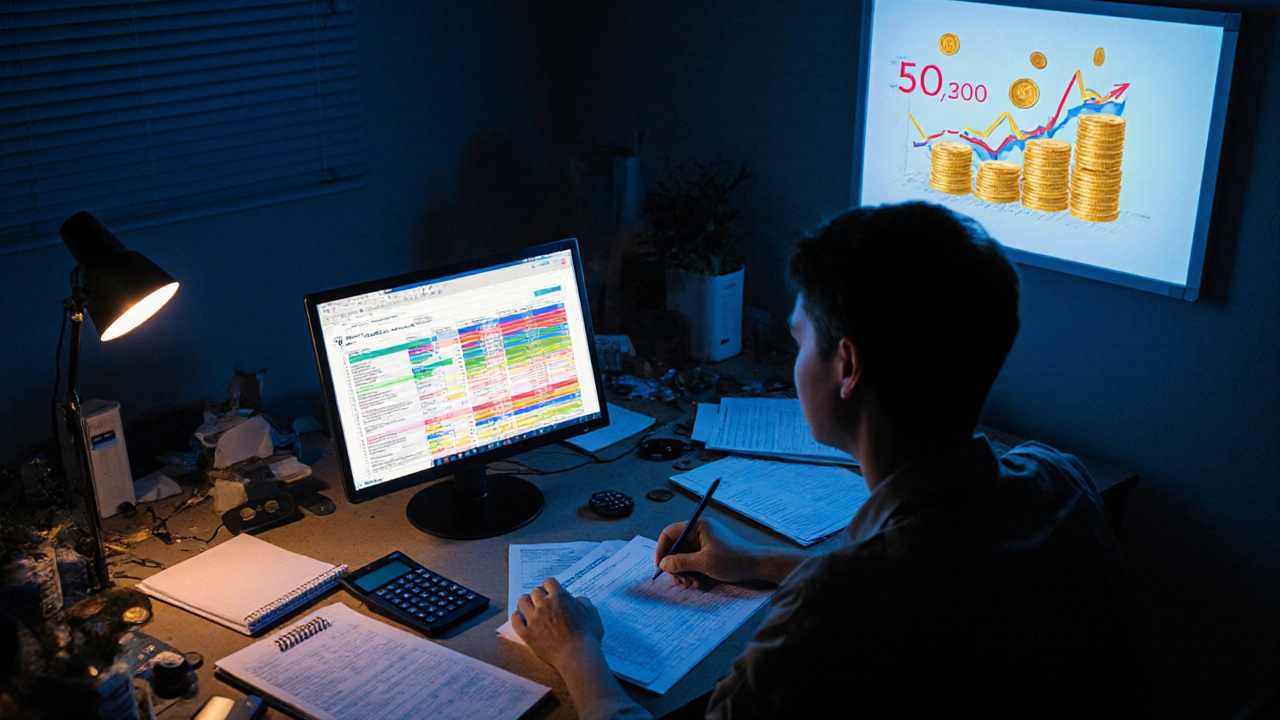 Individual planning finances with spreadsheets, calculator, and tax documents at night.