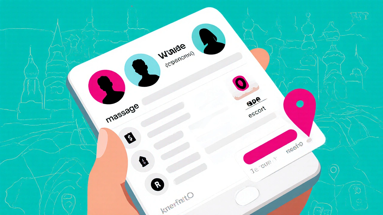 Mobile phone displaying an abstract adult service profile with keyword icons and location pin.
