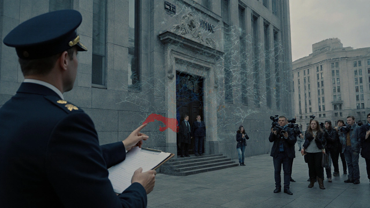 Modern Moscow building with officer holding a clipboard and a map highlighting a red‑light district.
