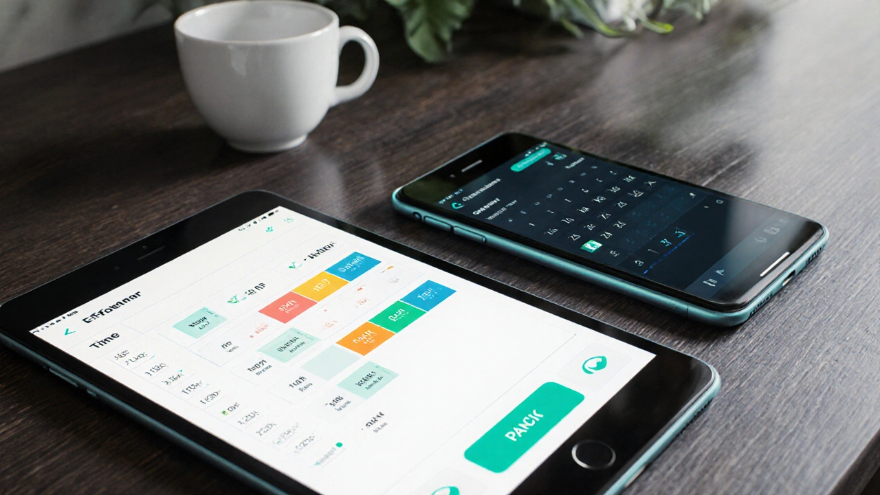 Phone and tablet display a color‑coded booking dashboard with safety icons.