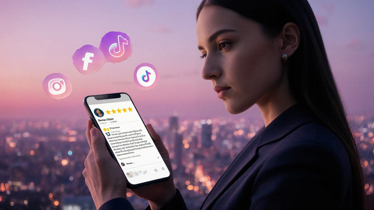 Portrait of a professional holding a phone displaying a 5‑star review against a twilight city backdrop.