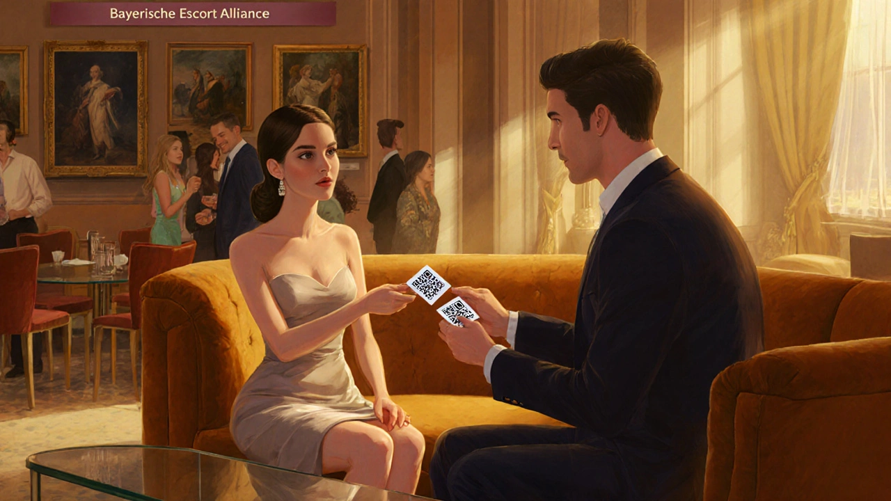 Professional networking event at a luxury hotel lounge, women exchanging QR‑code business cards.
