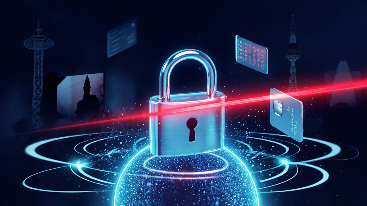 Surreal symbols of UAE enforcement: padlock scales, data barrier, servers, telecom tower, bank chip, airport silhouette.