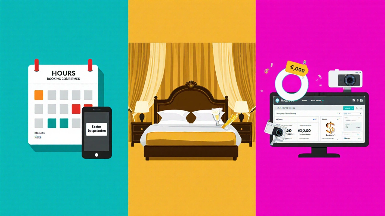 Three panels showing hourly bookings, premium packages, and online content earnings.