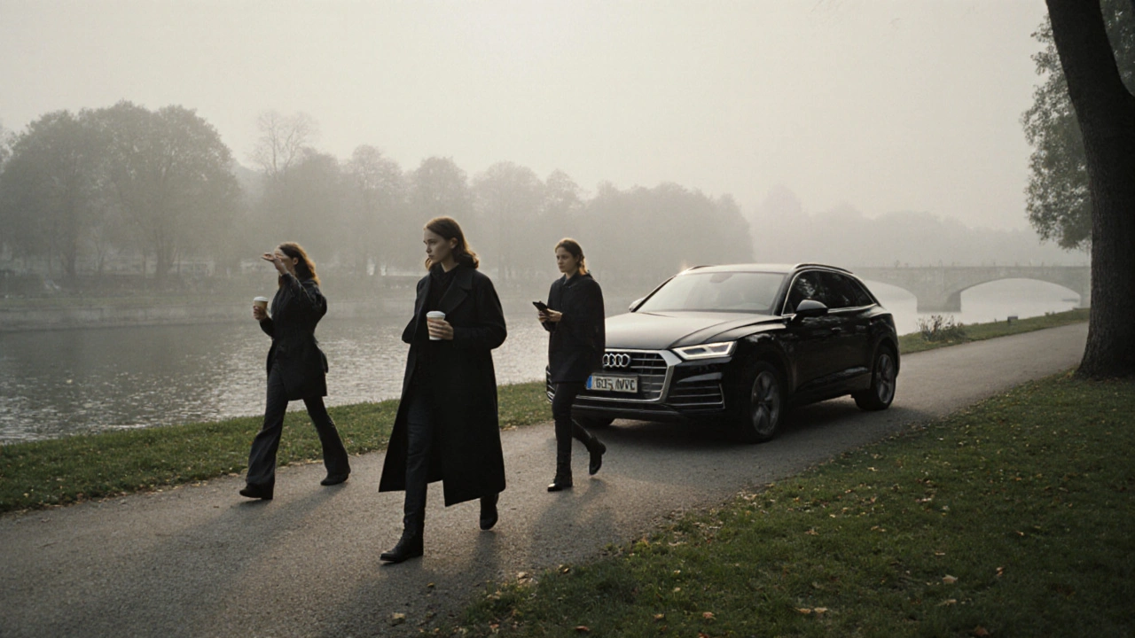 Three women silently nod to each other in a misty Munich park, a black car passing nearby, no words spoken.
