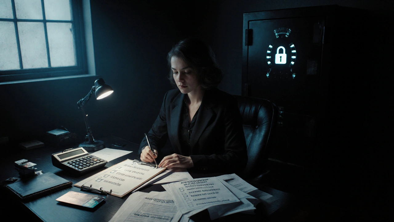 Woman checking tax paperwork and checklist in a dim office.