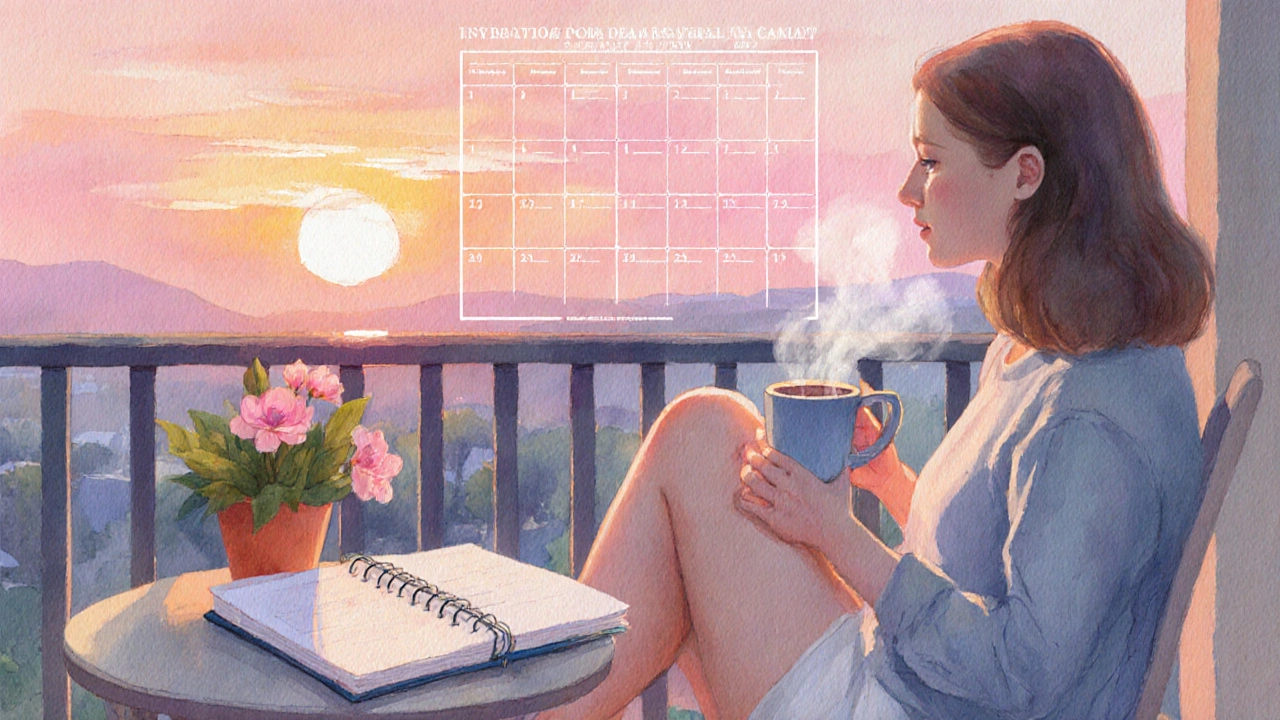 Woman relaxing on balcony with coffee, closed planner, and sunset background.