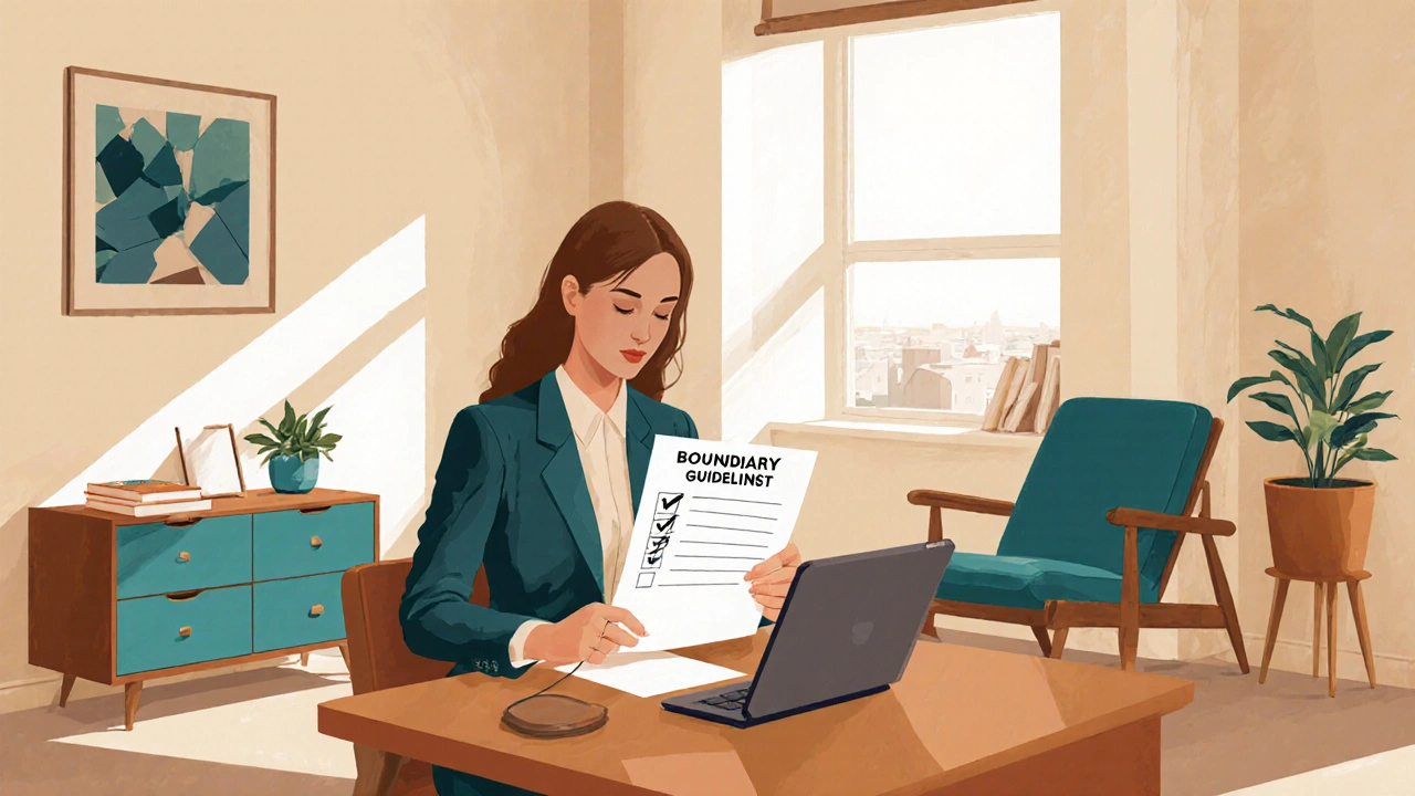 Woman reviewing a boundary script at a desk in a bright apartment.