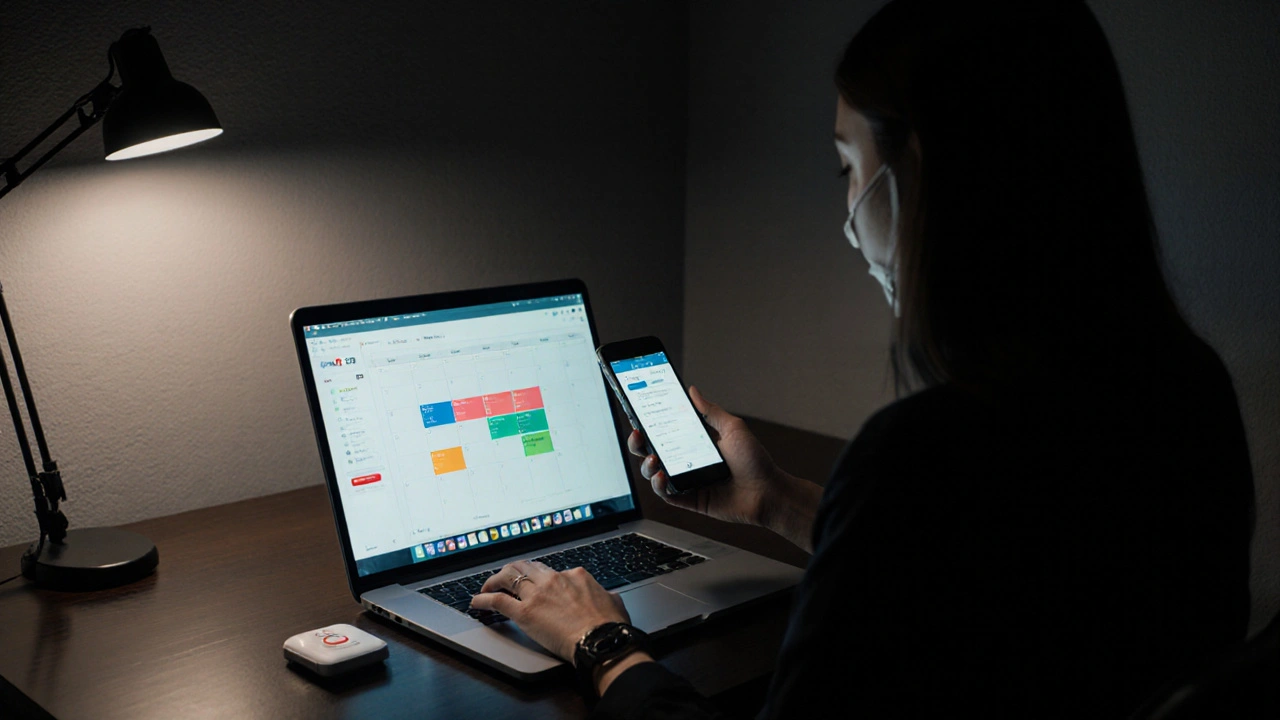 Woman reviewing client ID on phone and security app in a discreet office, highlighting safety protocols.