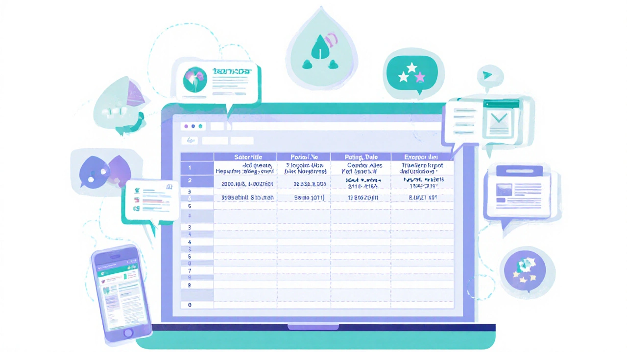 Workspace with laptop showing a review spreadsheet and icons for monitoring tools.