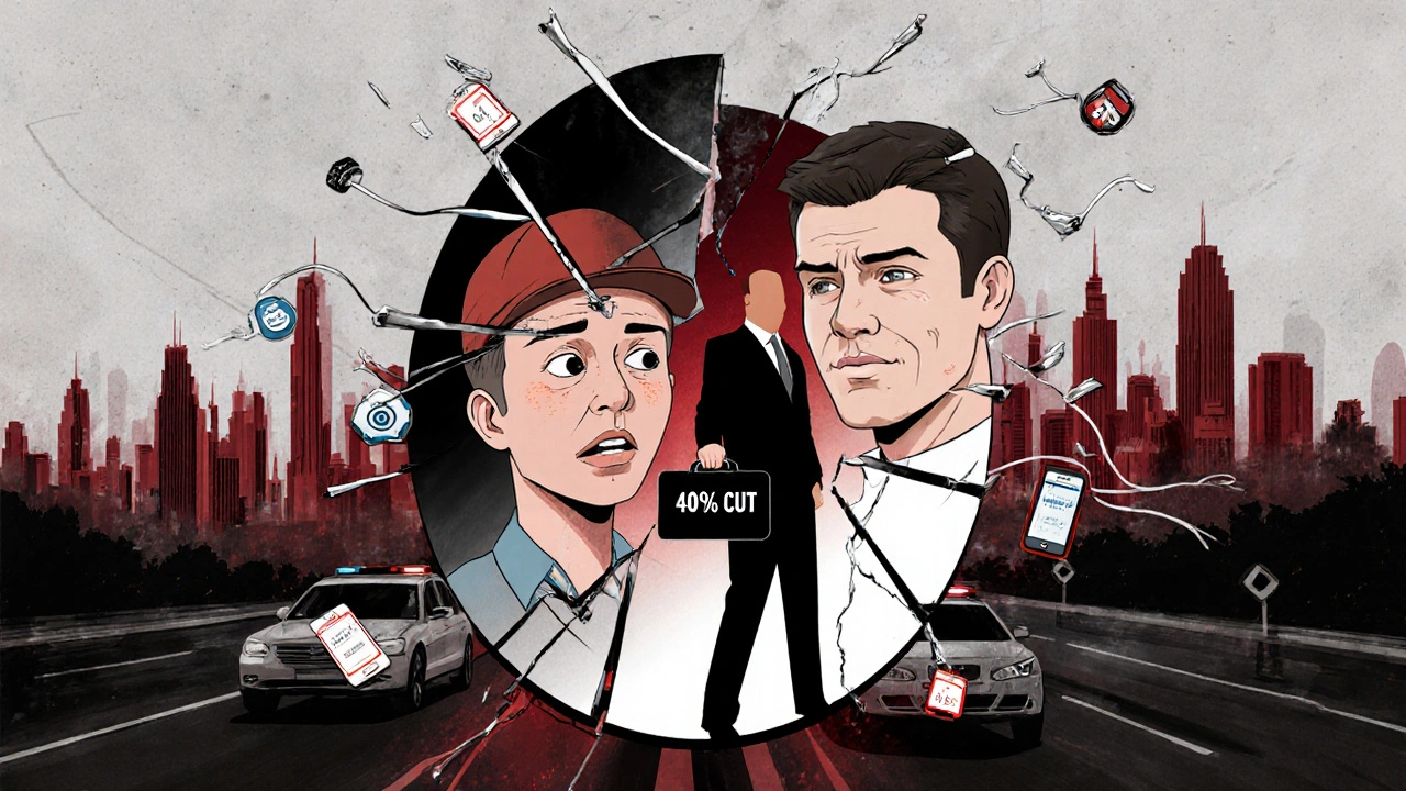 A fractured mirror shows three faces: hopeful traveler, terrified worker, and a shadowy figure taking a cut.