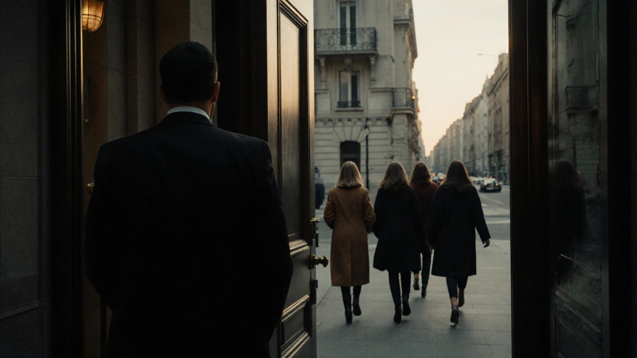 A man in a suit enters a luxury building while women walk away in the background, shrouded in dusk shadows.