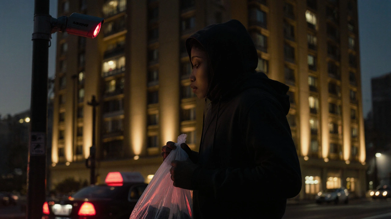 A man stands nervously outside a luxury Dubai building at dusk, glancing back as a security camera watches.