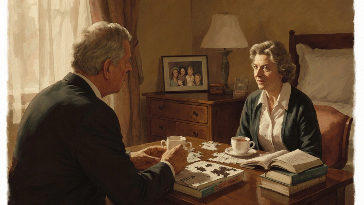 A mature woman and client sharing tea and conversation in a hotel room.