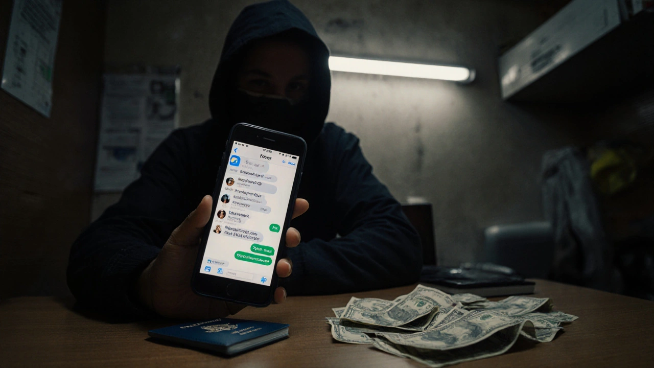 A migrant worker holds a phone with client messages, surrounded by personal documents and bills.