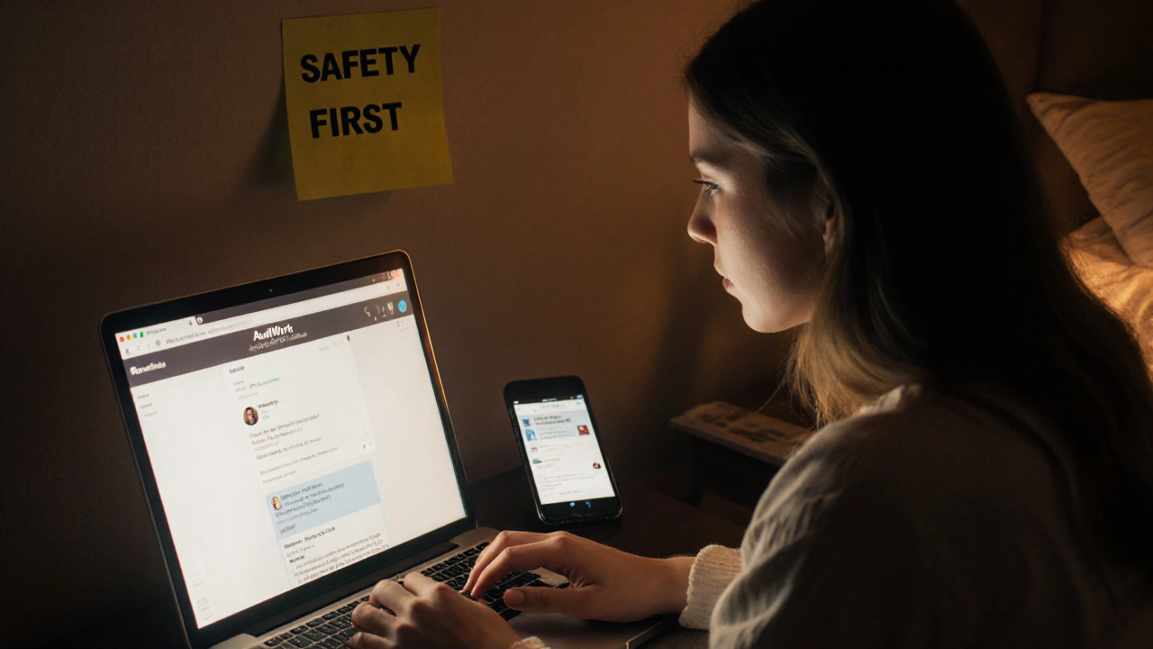 A new escort reading advice on a forum, surrounded by personal safety notes.