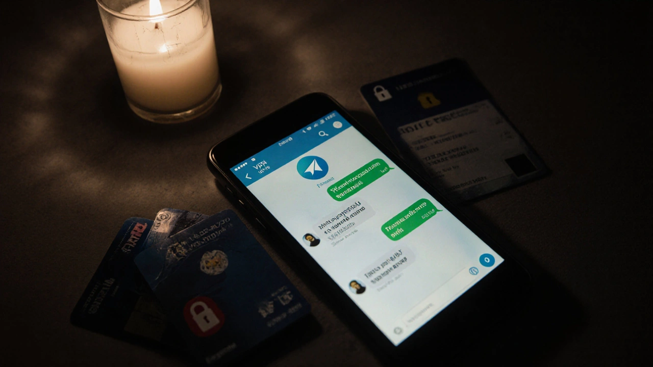 A smartphone shows an encrypted Telegram chat surrounded by prepaid cards and a fake ID, candlelight casts shadows in a dark room.