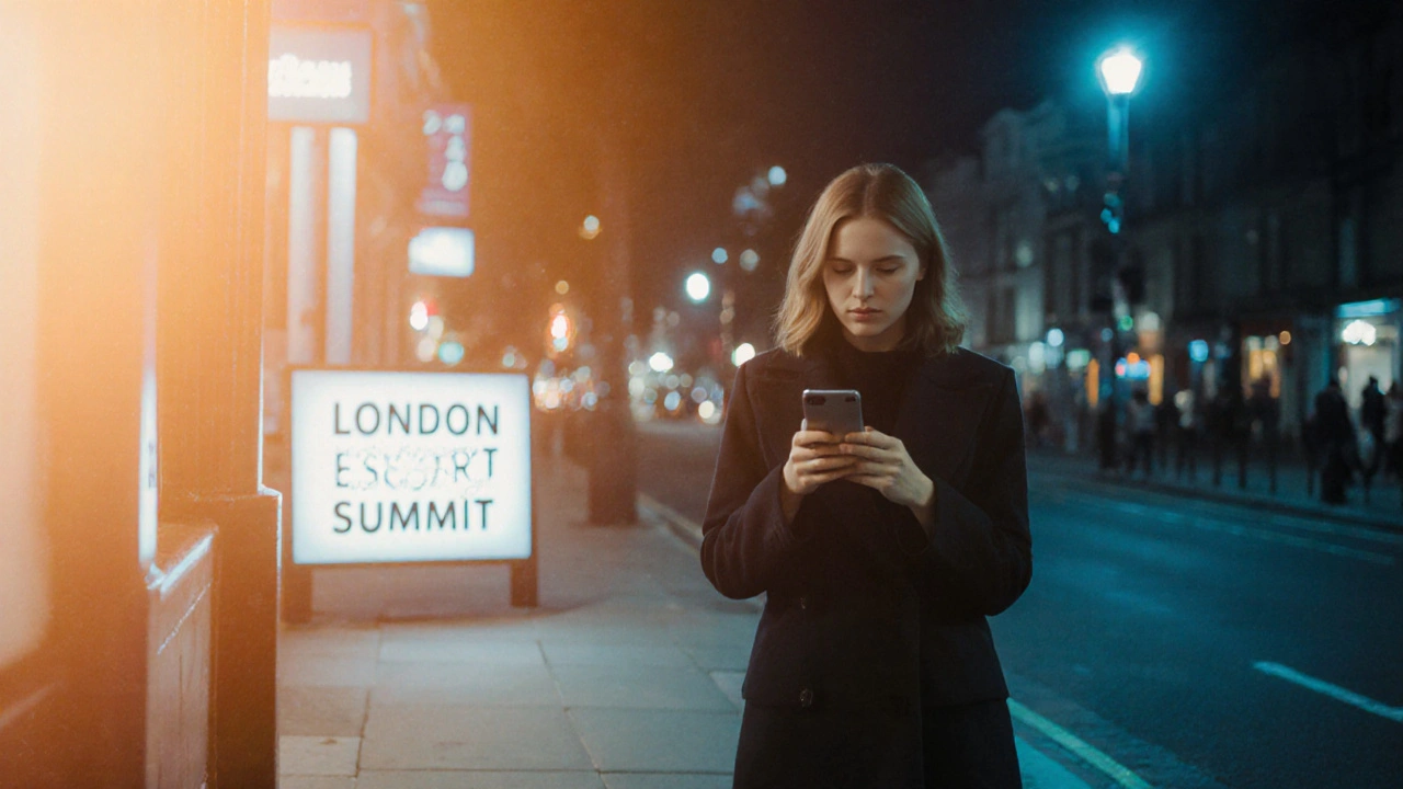 A woman walking at night, receiving a supportive message under a streetlamp.