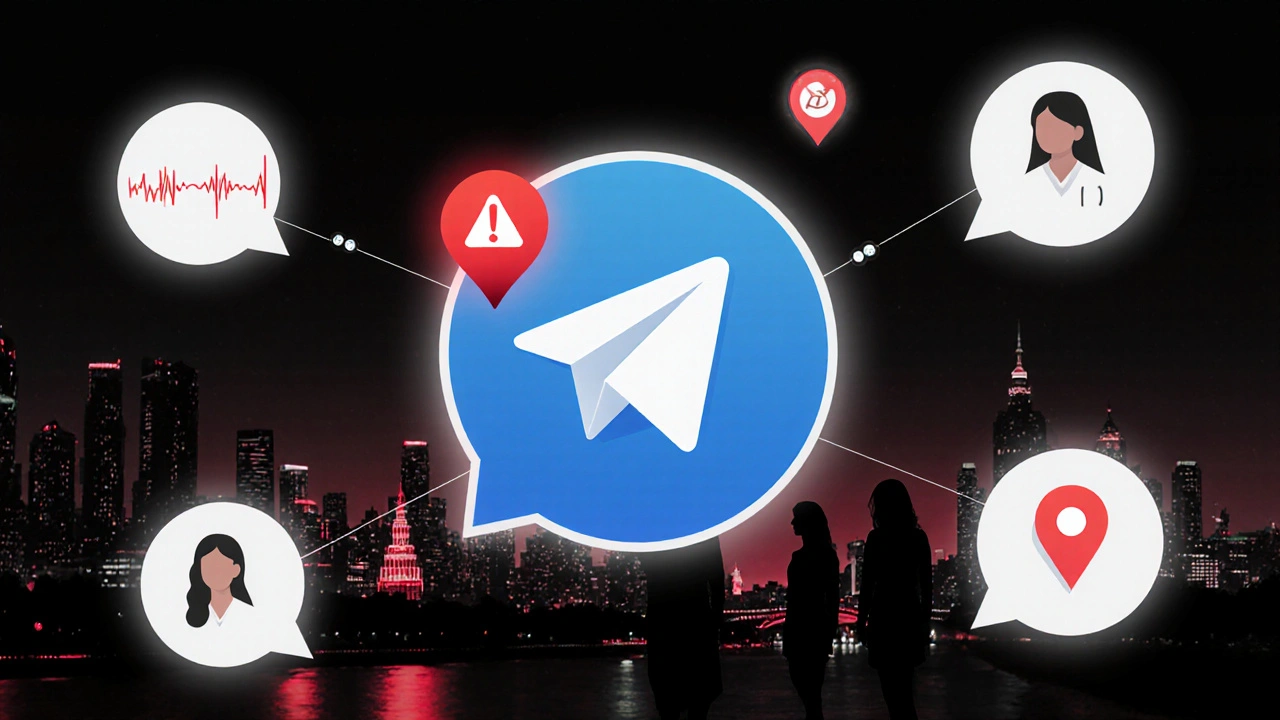 Abstract network of encrypted Telegram messages and location pins glowing in dark urban space, no text or faces.