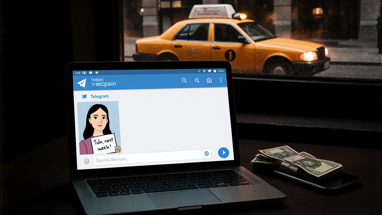 Burner phone and cash beside encrypted Telegram invite on dark table, taxi with camera outside window.