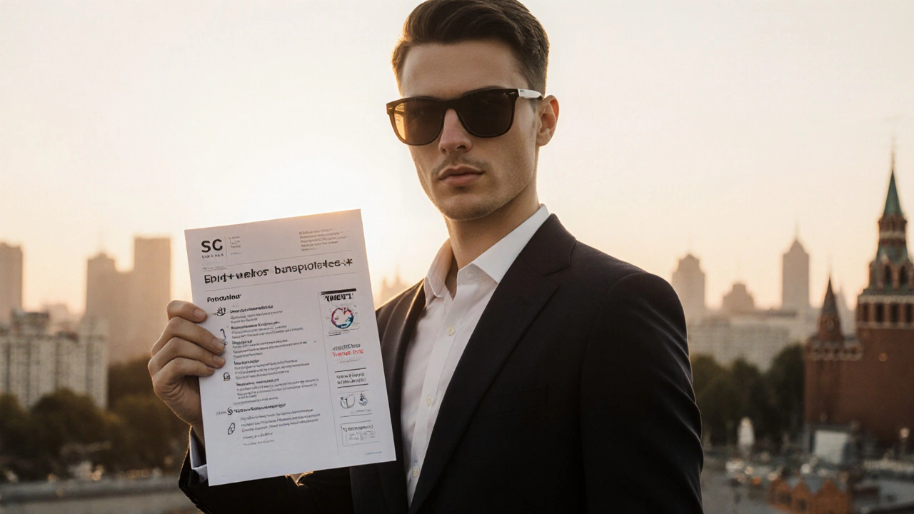 Confident individual holding a clean CV against Moscow&#039;s skyline at golden hour.
