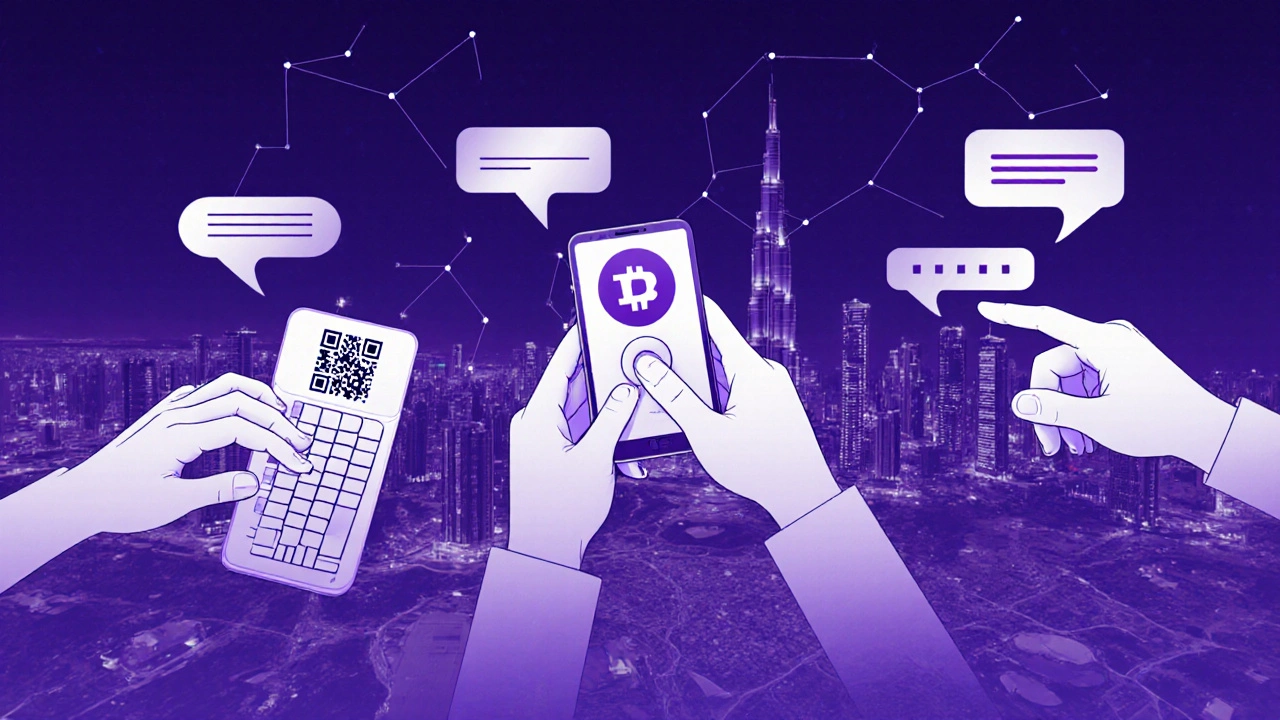 Digital collage of hands using encrypted apps, Bitcoin, and panic button, overlaid on Dubai’s skyline with chat bubbles.