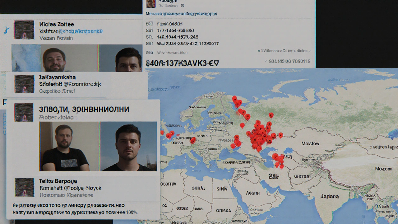 Digital collage of repeated profile images and Russian group posts across Russian cities, with overlapping phone numbers and location pins.