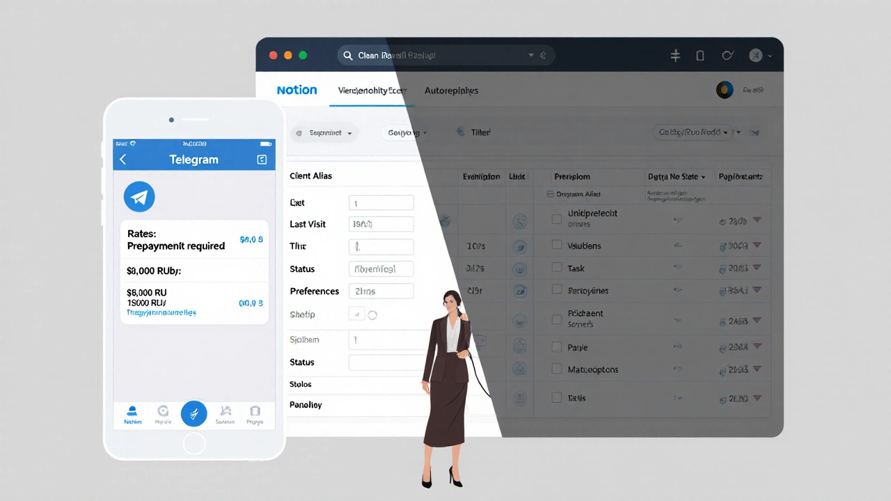 Digital interface showing automated client replies and a client database on a mobile screen and tablet.