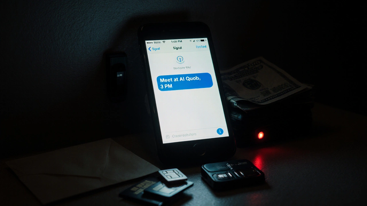 Encrypted phone with a secret message on a desk of burner devices in dark room.