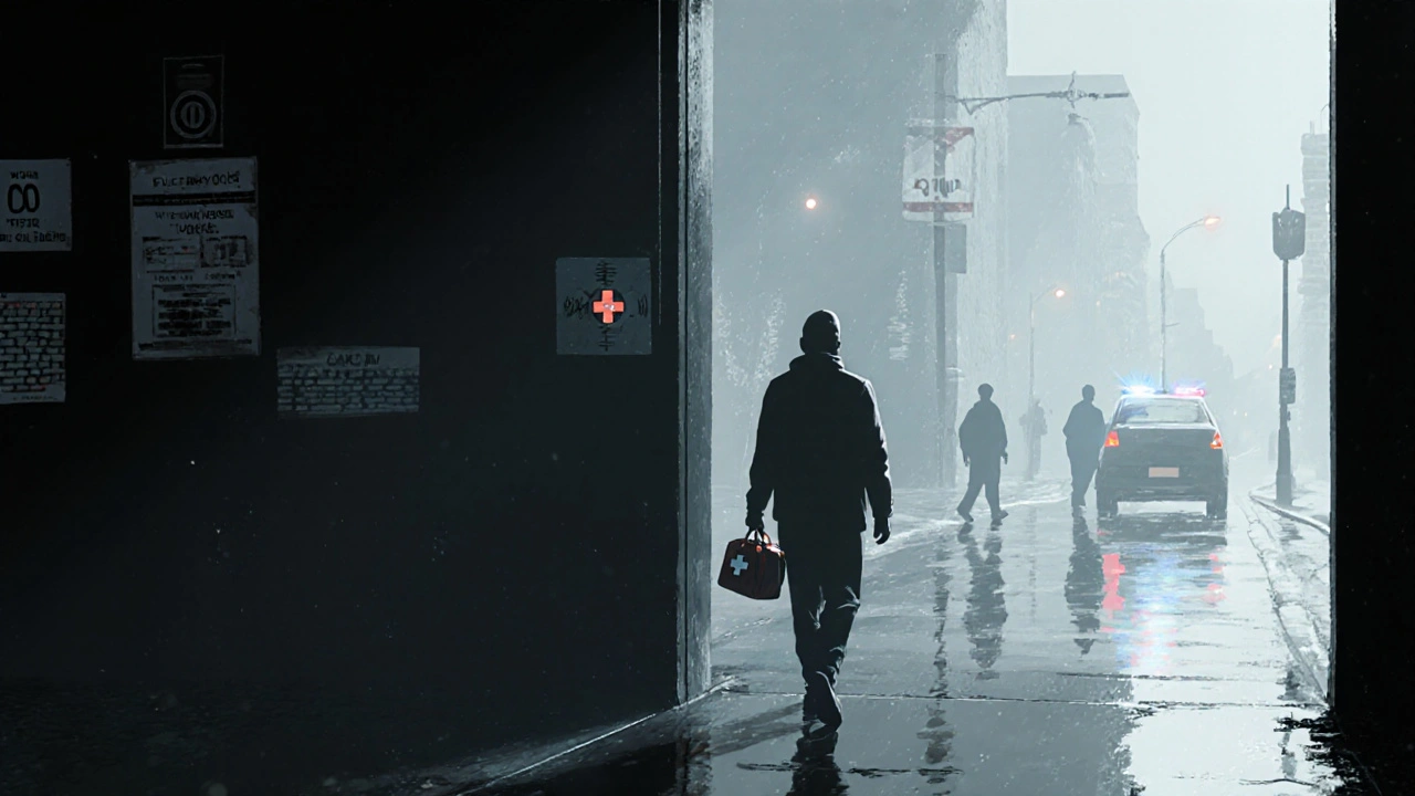 Figure walking away from shadowy doorway, emergency bag in hand, ghostly blocked numbers fading behind.