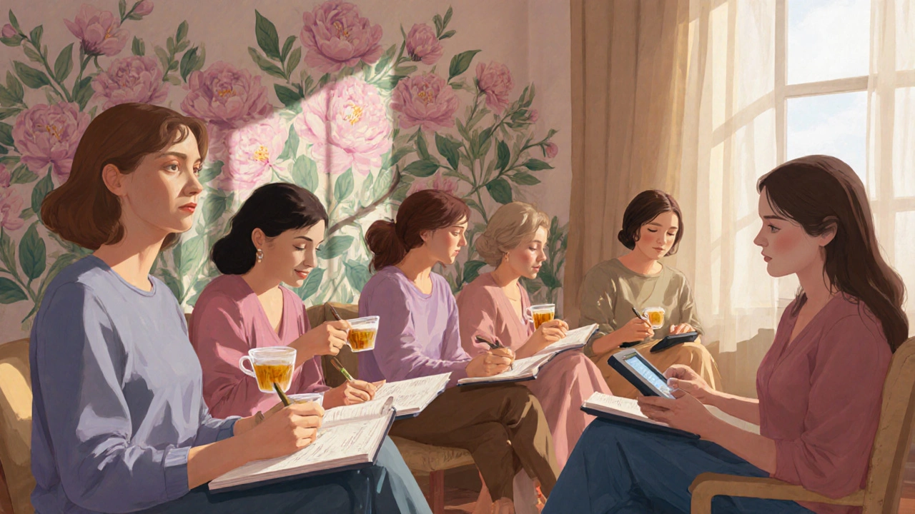 Group of women in a quiet community room, quietly rebuilding their lives together