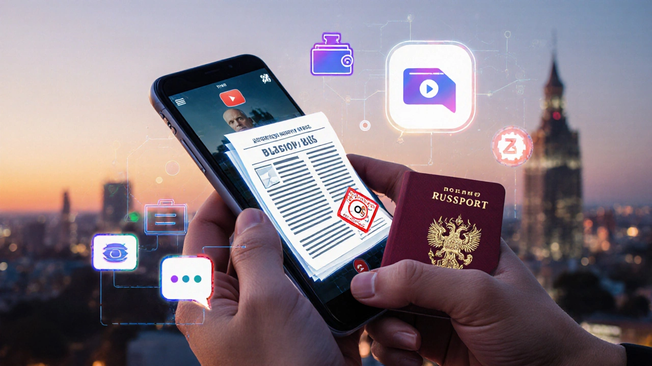 Hand holding Russian passport and smartphone showing live verification screen with encrypted payment icons.