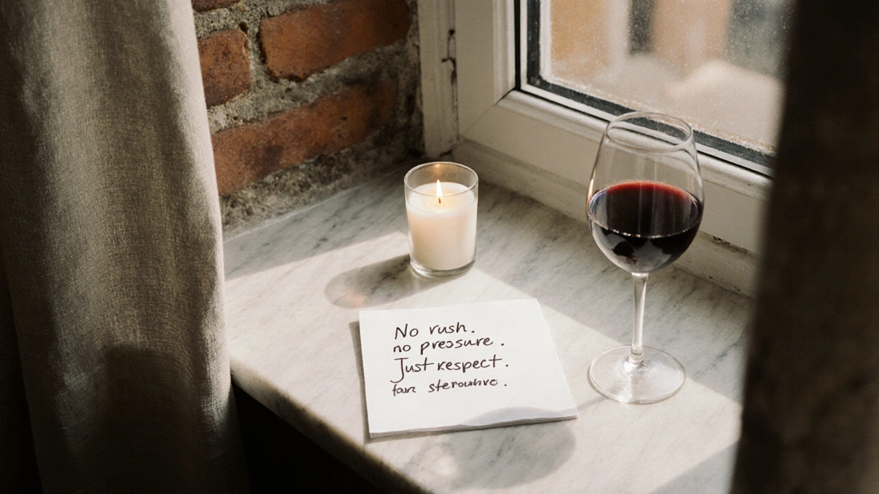 Handwritten note on marble windowsill with wine and candle, soft lighting, serene mood.