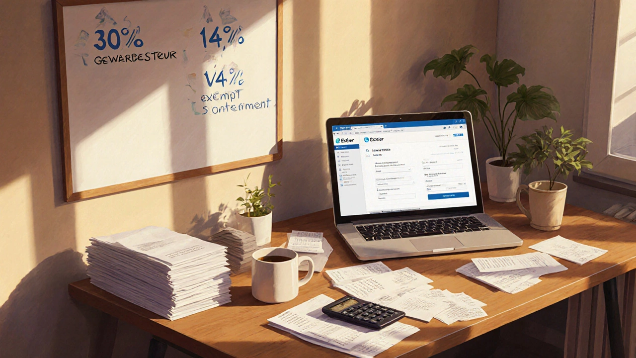Home office desk in Munich with tax documents, receipts, and a laptop showing the Elster tax portal.