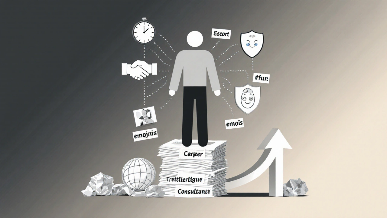 Human figure made of professional icons rising above discarded casual labels.