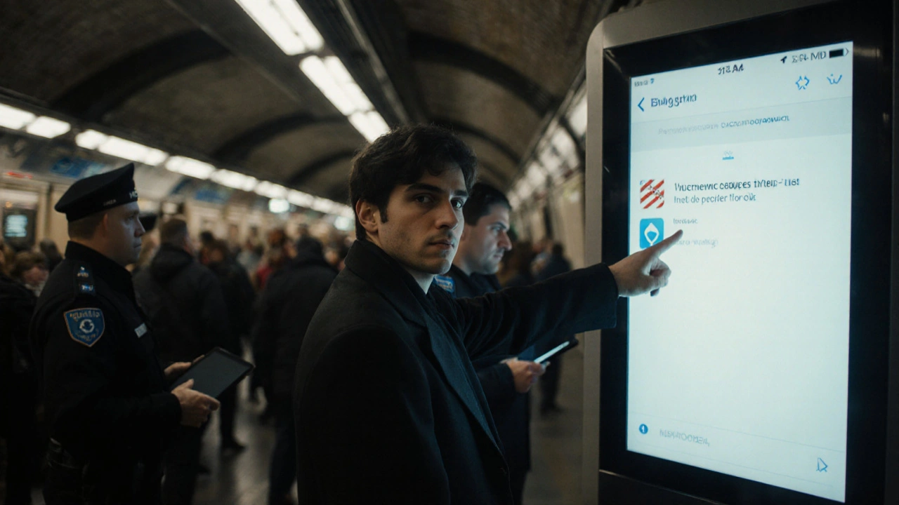 Individual in Moscow metro glancing nervously at plainclothes officers scanning the crowd.