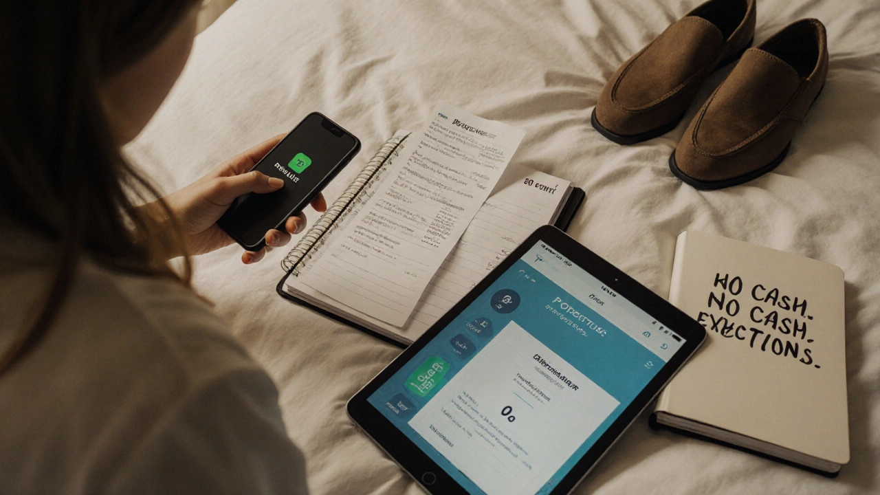 Overhead view of a hotel room with safety app, payment receipt, and blocked calendar for weekend rest.