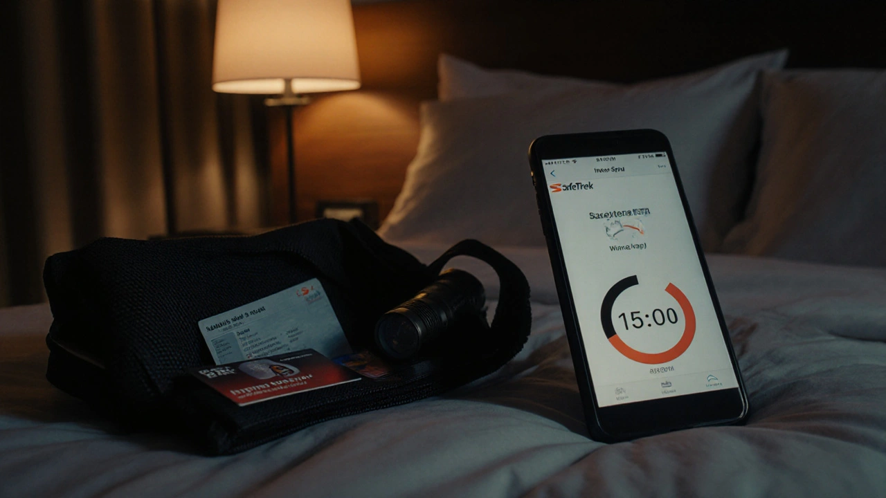 Phone showing SafeTrek timer beside emergency kit on hotel bed: power bank, pepper spray, flashlight.