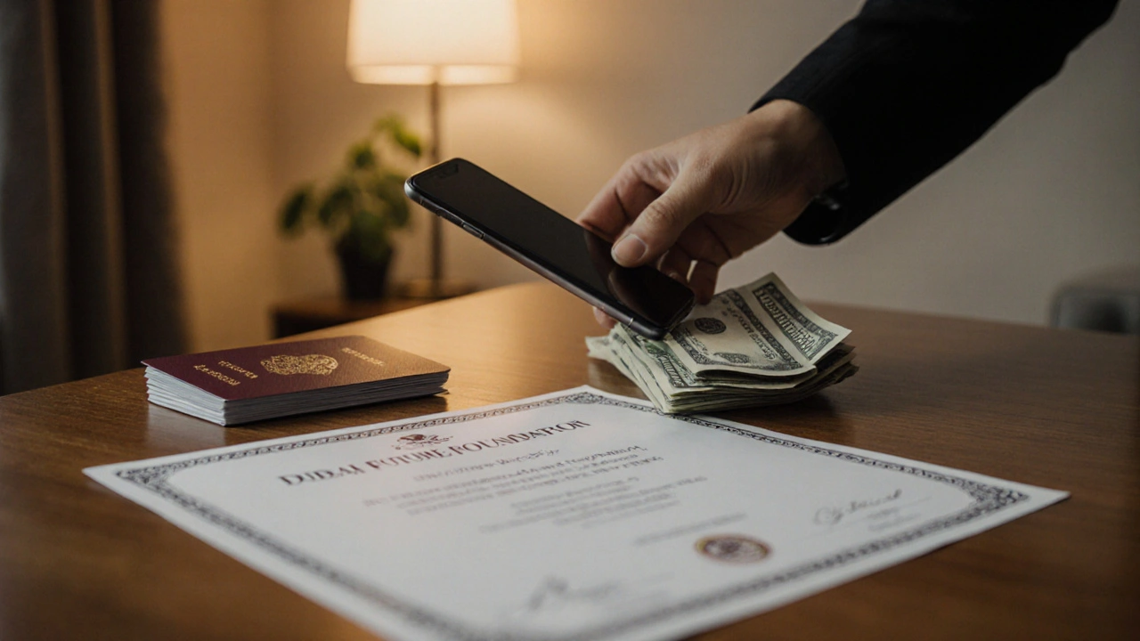 Prepaid phone and cash on table next to a certificate and passport, symbolizing a fresh start